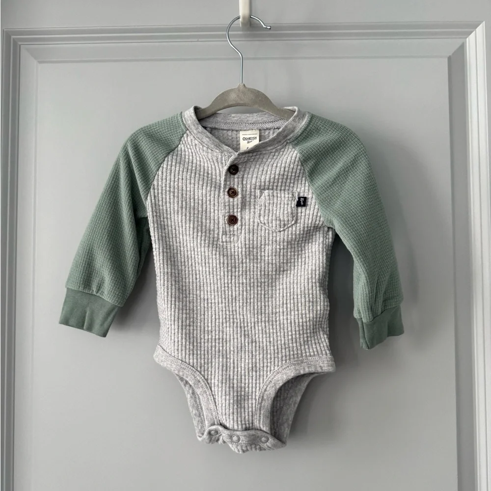 NWOT OshKosh B’Gosh Gray and Green Long Sleeve Baby Onesie